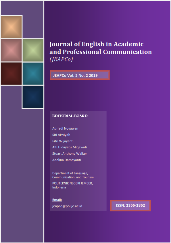 					View Vol. 5 No. 2 (2019): Journal of English in Academic and Professional Communication
				